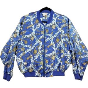 Vtg Papell Too Women's Bomber Jacket  Medium Blue Gold Satin Windbreaker